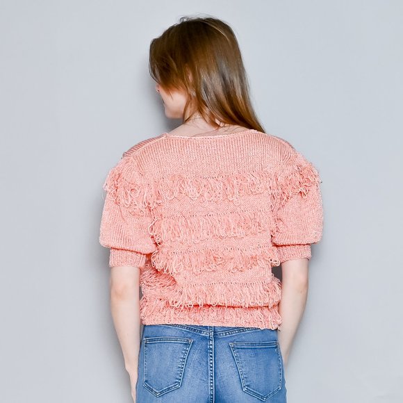 VINTAGE Loopy Fringe Knit Peachy Pink Sweater Top 50s 60s XS/S - Picture 3 of 7